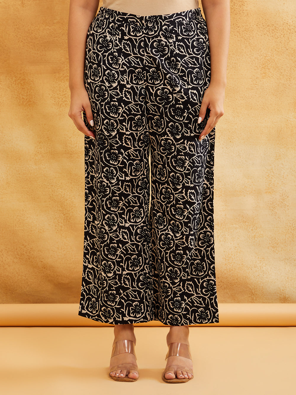 Black Block Printed Straight Front Pleated Kurta with Palazzo - Set of 2 Sanyogini