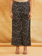 Black Block Printed Straight Front Pleated Kurta with Palazzo - Set of 2 Sanyogini