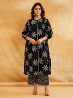 Black Block Printed Straight Front Pleated Kurta with Palazzo - Set of 2 Sanyogini