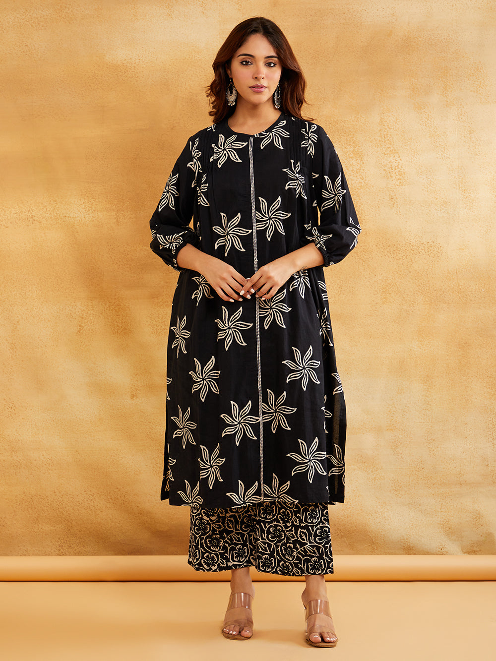 Black Block Printed Straight Front Pleated Kurta - || A-line kurta Sanyogini