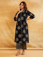 Black Block Printed Straight Front Pleated Kurta with Palazzo - Set of 2 Sanyogini