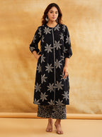 Black Block Printed Straight Front Pleated Kurta with Palazzo - Set of 2 Sanyogini