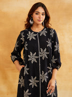 Black Block Printed Straight Front Pleated Kurta with Palazzo - Set of 2 Sanyogini