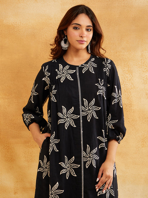 Black Block Printed Straight Front Pleated Kurta - || A-line kurta Sanyogini