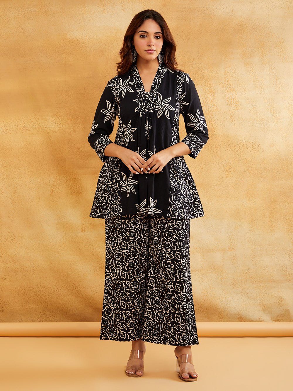 Black Block Printed Peplum Short Kurta with Palazzo - Set of 2 Sanyogini