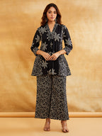 Black Block Printed Peplum Short Kurta with Palazzo - Set of 2 Sanyogini