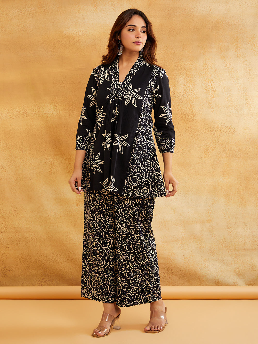 Black Block Printed Peplum Short Kurta with Palazzo - Set of 2 Sanyogini