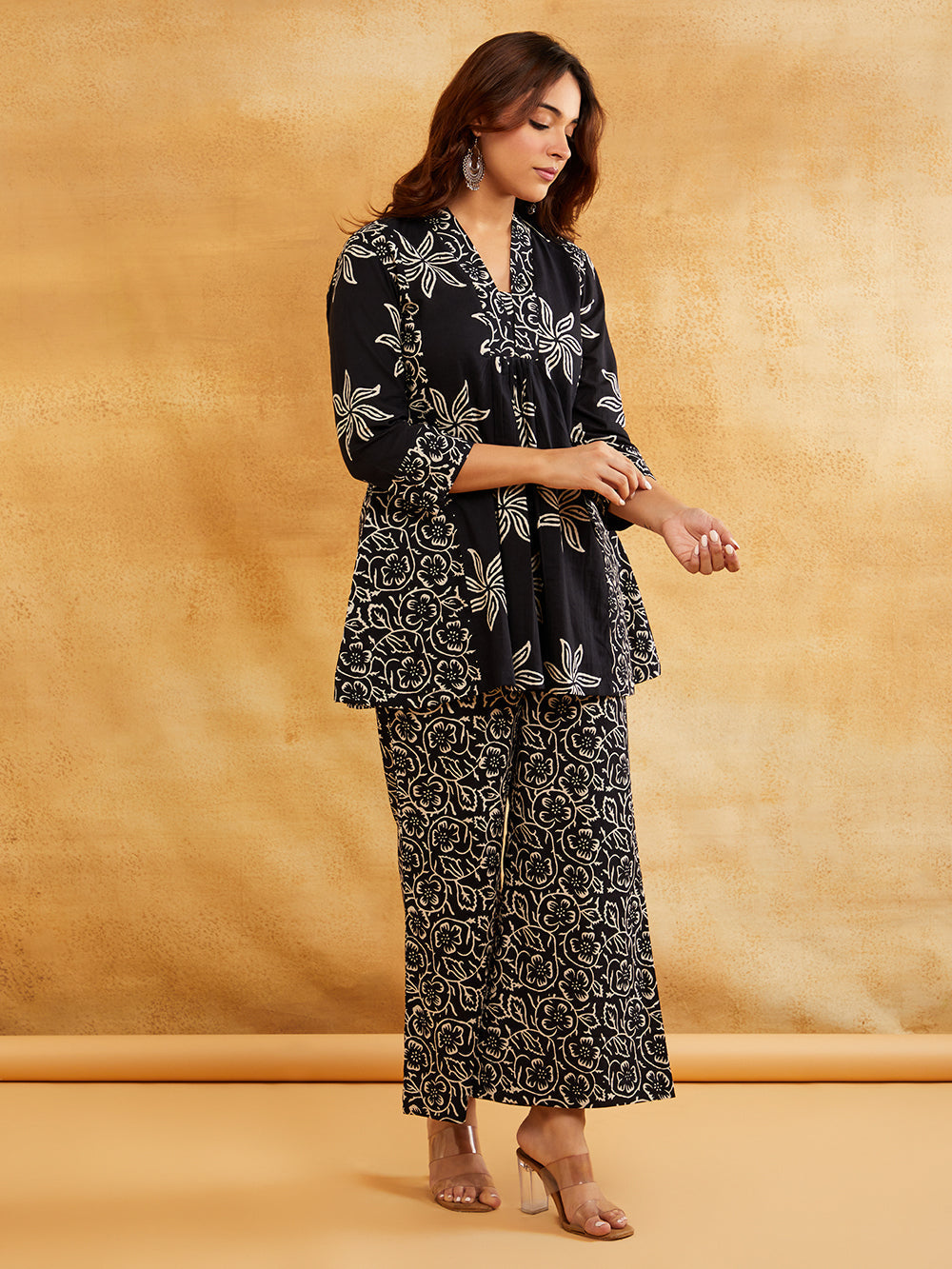 Black Block Printed Peplum Short Kurta with Palazzo - Set of 2 Sanyogini