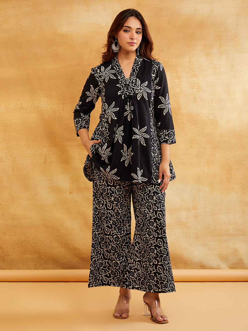 Black Block Printed Peplum Short Kurta with Palazzo - Set of 2 Sanyogini