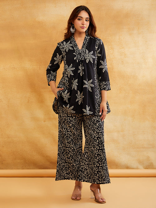 Black Block Printed Peplum Short Kurta with Palazzo - Set of 2 Sanyogini