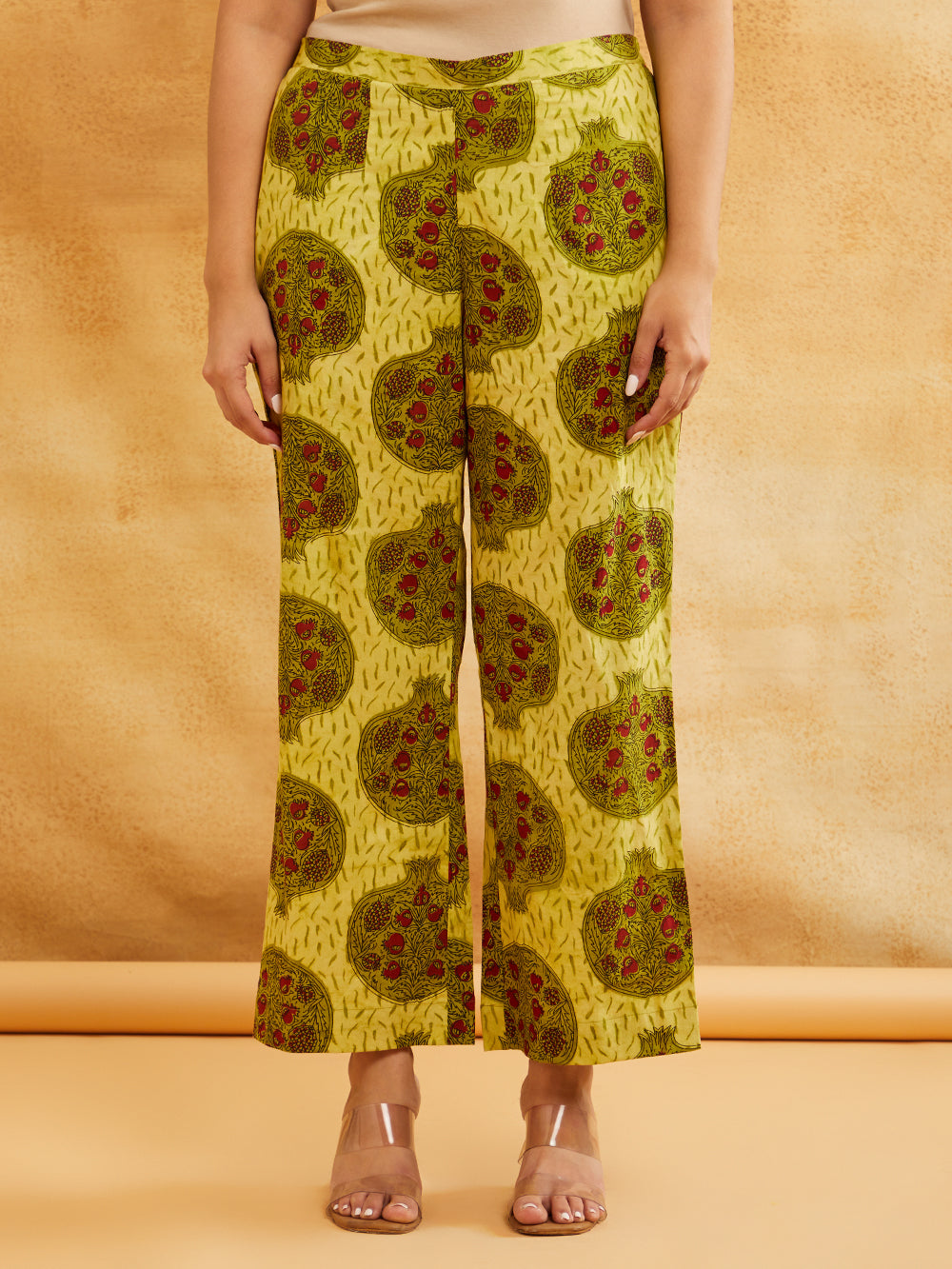 Yellow Block Printed Straight Front Pleated Kurta with Palazzo - Set of 2 Sanyogini