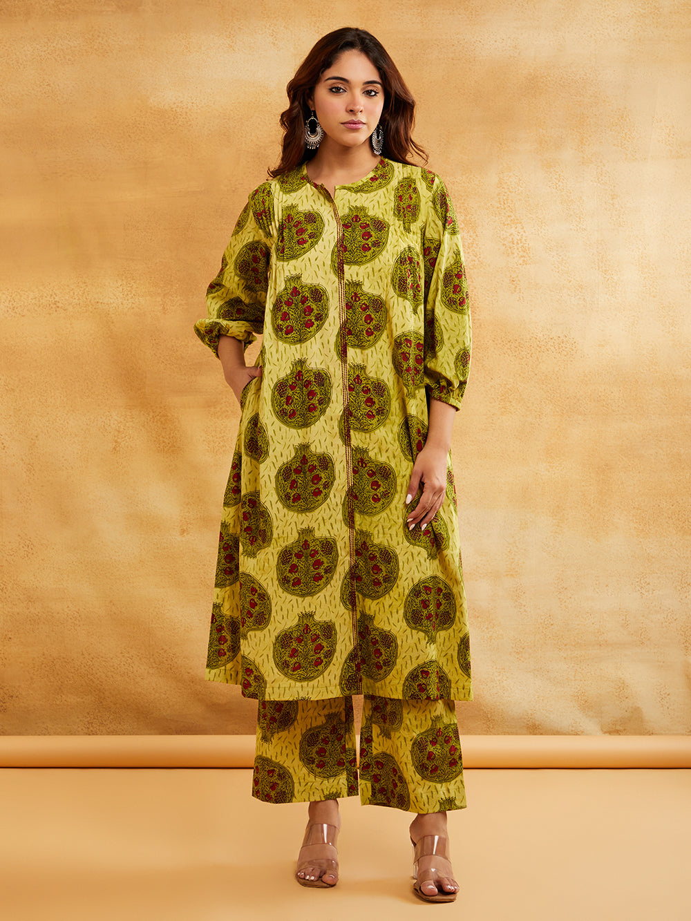 Yellow Block Printed Straight Front Pleated Kurta Sanyogini