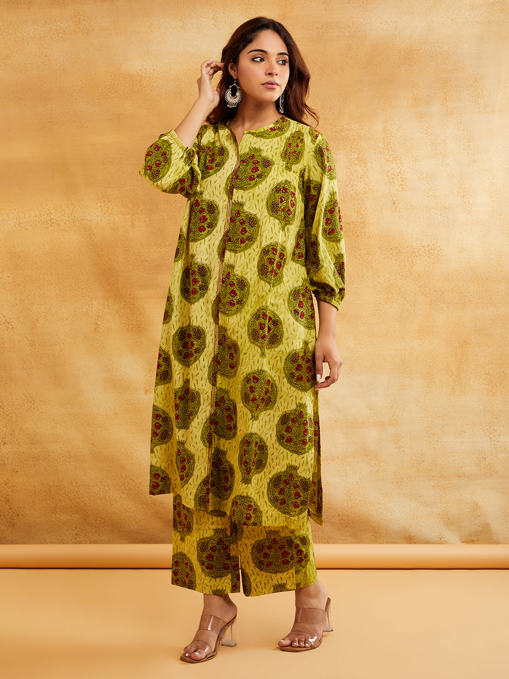 Yellow Block Printed Straight Front Pleated Kurta with Palazzo - Set of 2 Sanyogini