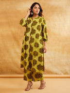 Yellow Block Printed Straight Front Pleated Kurta with Palazzo - Set of 2 Sanyogini