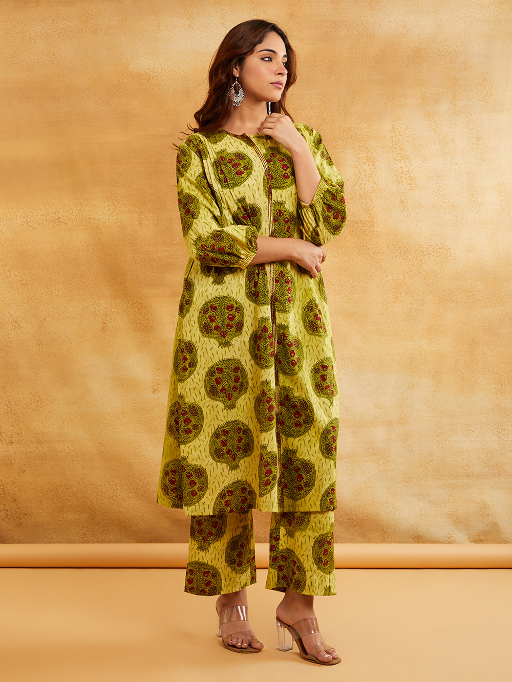 Yellow Block Printed Straight Front Pleated Kurta with Palazzo - Set of 2 Sanyogini