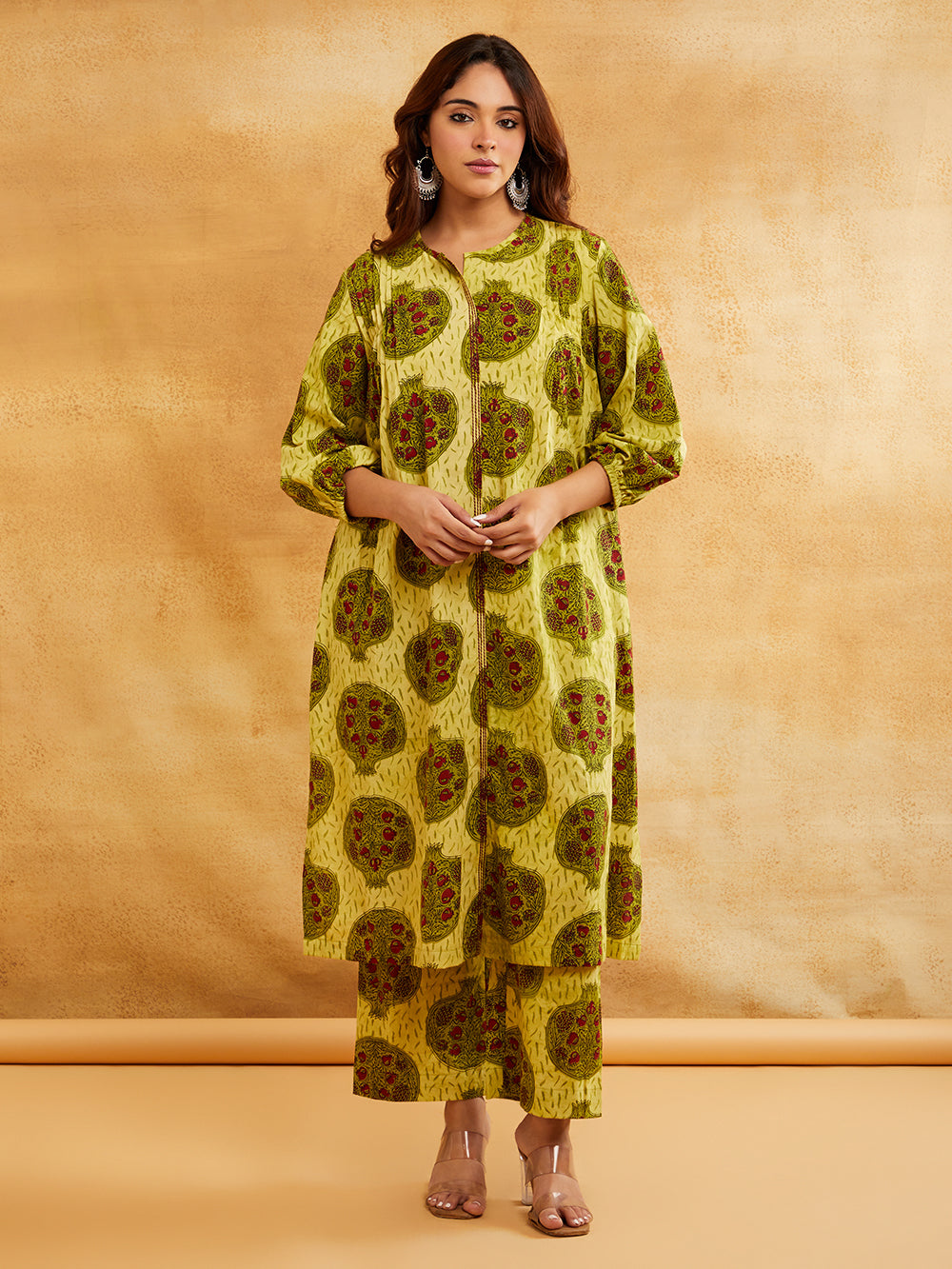 Yellow Block Printed Straight Front Pleated Kurta with Palazzo - Set of 2 Sanyogini
