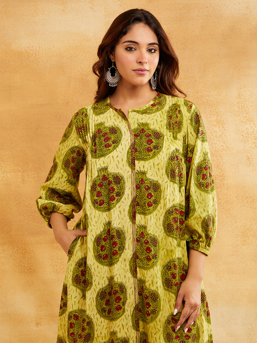 Yellow Block Printed Straight Front Pleated Kurta Sanyogini
