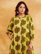 Yellow Block Printed Straight Front Pleated Kurta Sanyogini