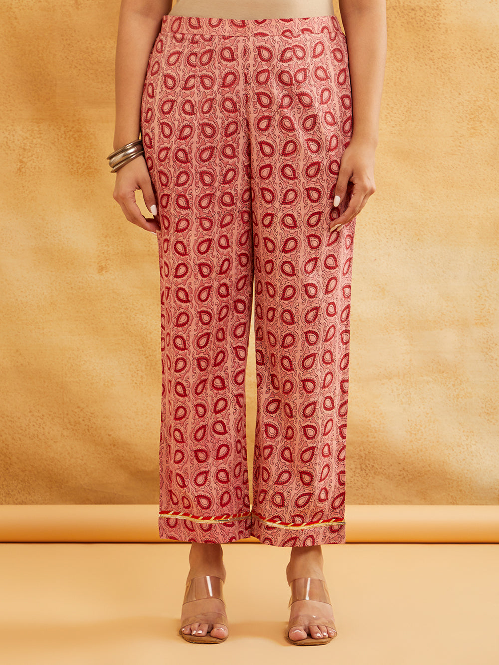 Pink Block Printed A-Line Embellished Kurta with Pants - Set of 2 Sanyogini