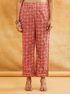 Pink Block Printed A-Line Embellished Kurta with Pants - Set of 2 Sanyogini