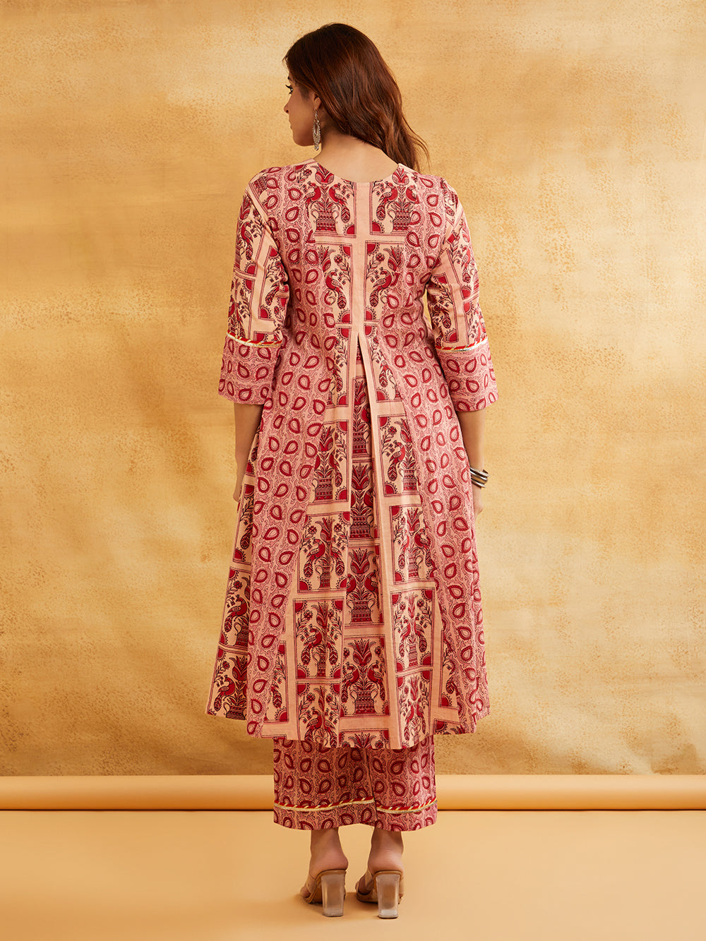 Pink Block Printed A-Line Embellished Kurta with Pants - Set of 2 Sanyogini