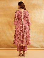 Pink Block Printed A-Line Embellished Kurta with Pants - Set of 2 Sanyogini