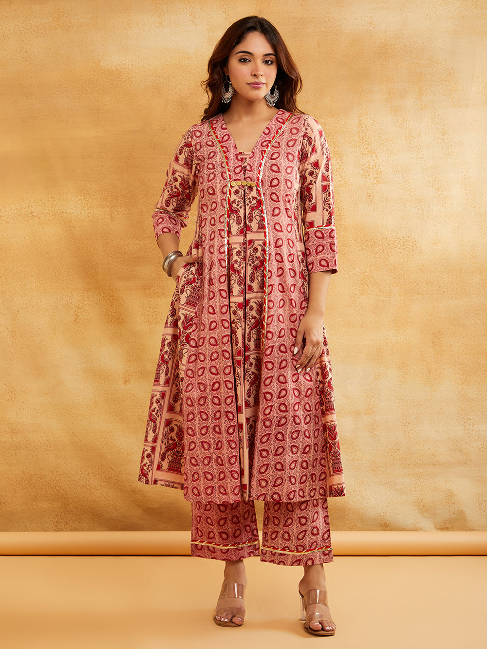 Pink Block Printed A-Line Embellished Kurta with Pants - Set of 2 Sanyogini