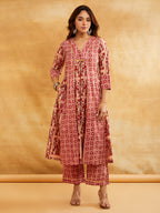 Pink Block Printed A-Line Embellished Kurta Sanyogini