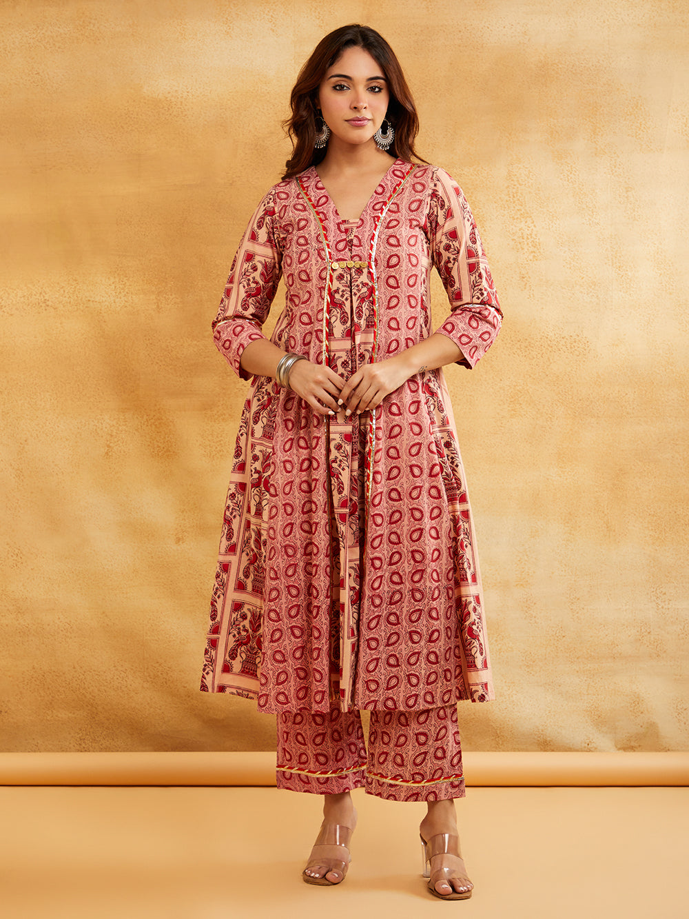 Pink Block Printed A-Line Embellished Kurta with Pants - Set of 2 Sanyogini