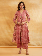 Pink Block Printed A-Line Embellished Kurta Sanyogini