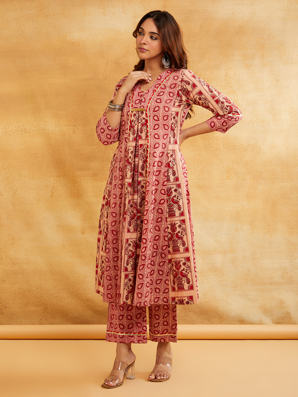 Pink Block Printed A-Line Embellished Kurta with Pants - Set of 2 Sanyogini