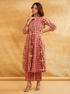Pink Block Printed A-Line Embellished Kurta with Pants - Set of 2 Sanyogini