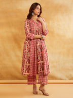 Pink Block Printed A-Line Embellished Kurta with Pants - Set of 2 Sanyogini