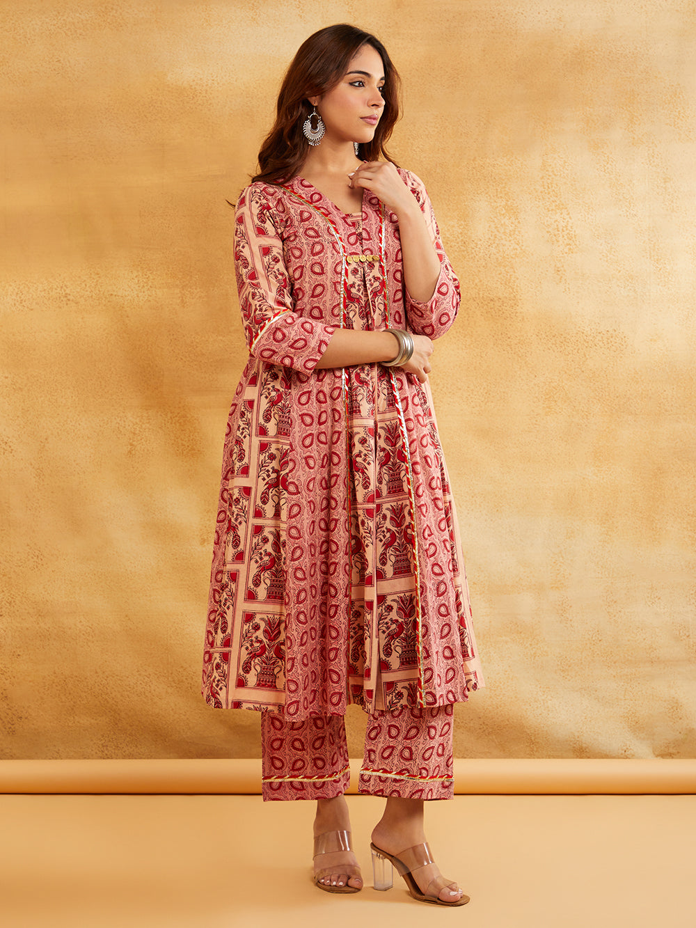 Pink Block Printed A-Line Embellished Kurta with Pants - Set of 2 Sanyogini