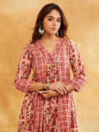 Pink Block Printed A-Line Embellished Kurta Sanyogini