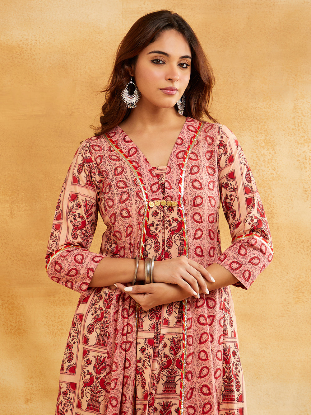 Pink Block Printed A-Line Embellished Kurta Sanyogini