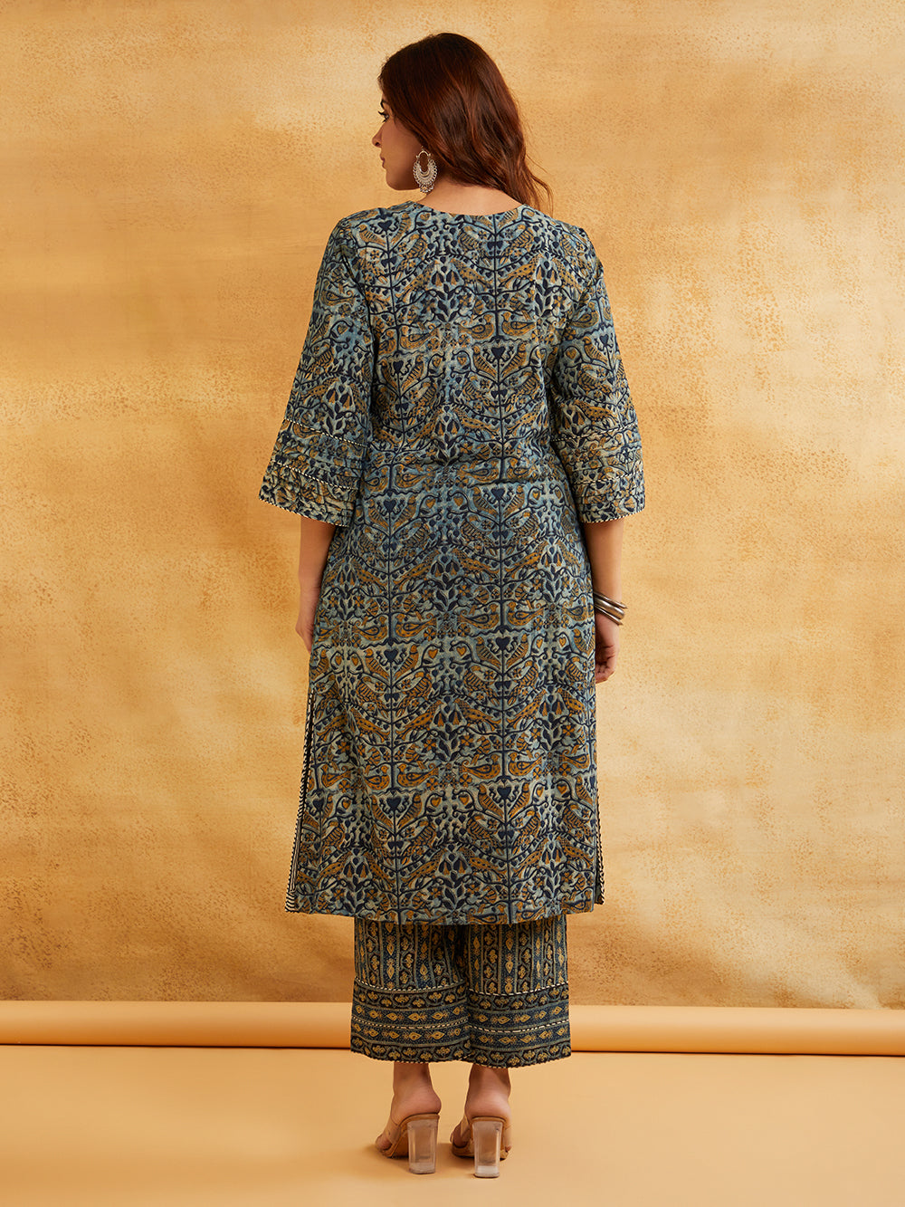 Blue Block Printed A-line Piping Detailing Kurta with Pants - Lightweight summer kurta set Sanyogini