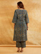 Blue Block Printed A-line Piping Detailing Kurta- V-neck ethnic kurta Sanyogini