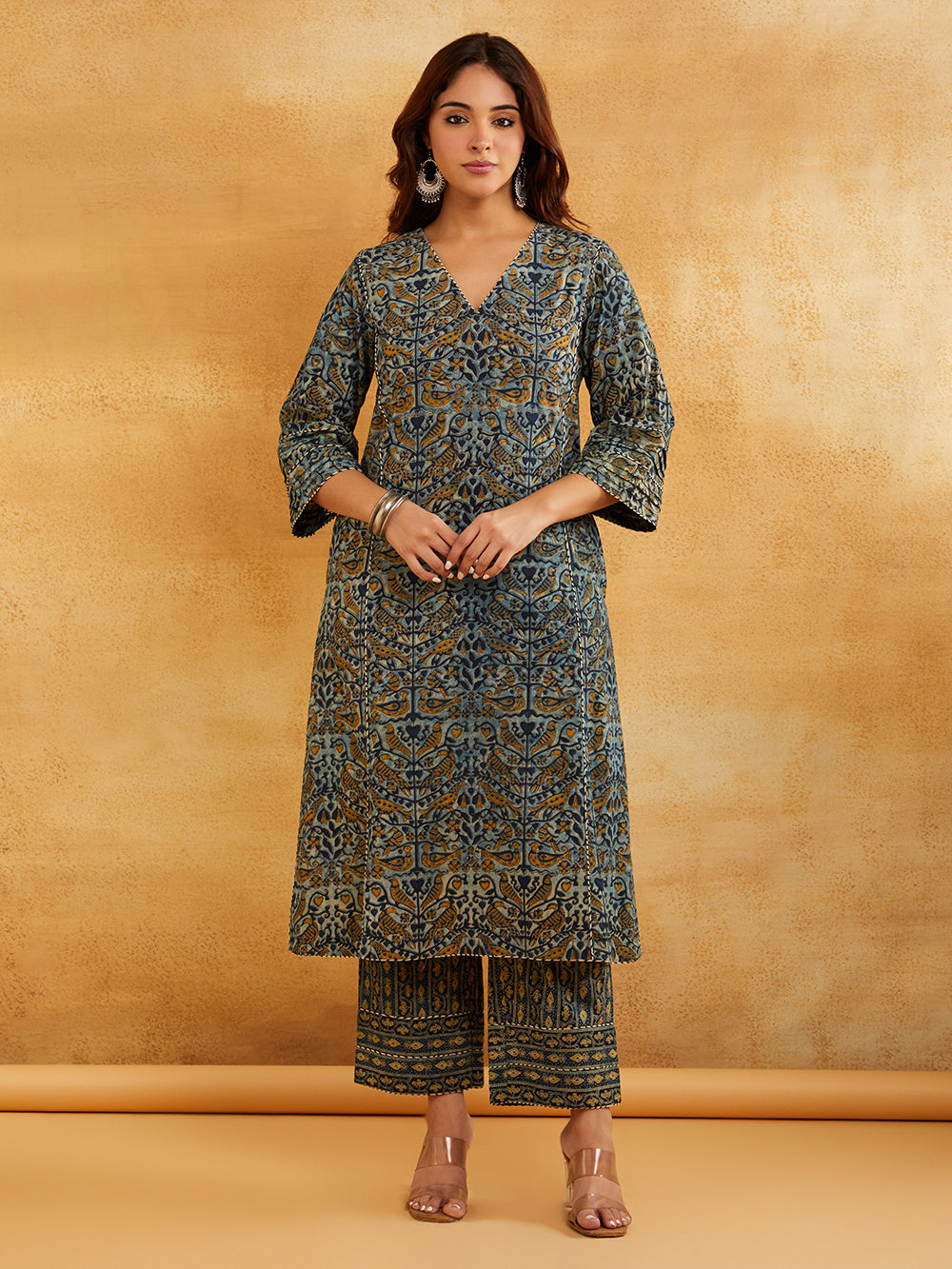 Blue Block Printed A-line Piping Detailing Kurta- V-neck ethnic kurta Sanyogini
