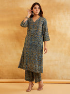 Blue Block Printed A-line Piping Detailing Kurta with Pants - Lightweight summer kurta set Sanyogini