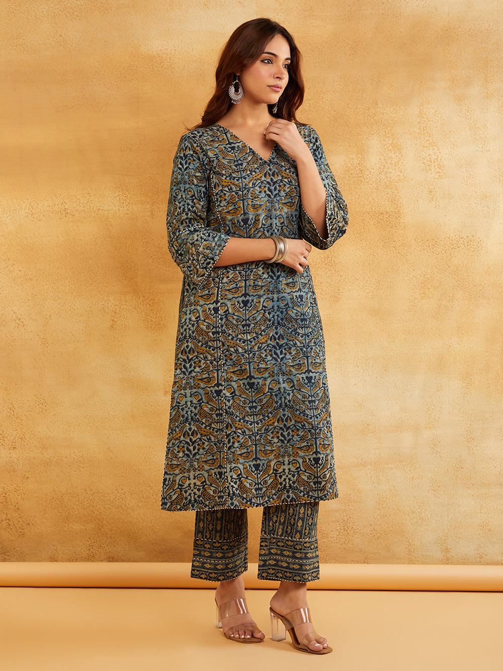 Blue Block Printed A-line Piping Detailing Kurta- V-neck ethnic kurta Sanyogini