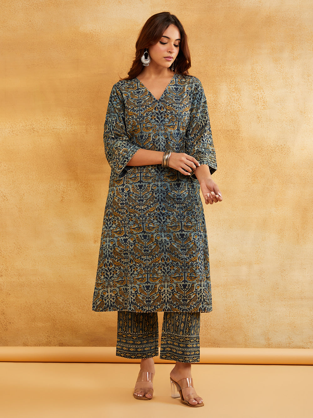 Blue Block Printed A-line Piping Detailing Kurta with Pants - Lightweight summer kurta set Sanyogini