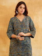 Blue Block Printed A-line Piping Detailing Kurta- V-neck ethnic kurta Sanyogini