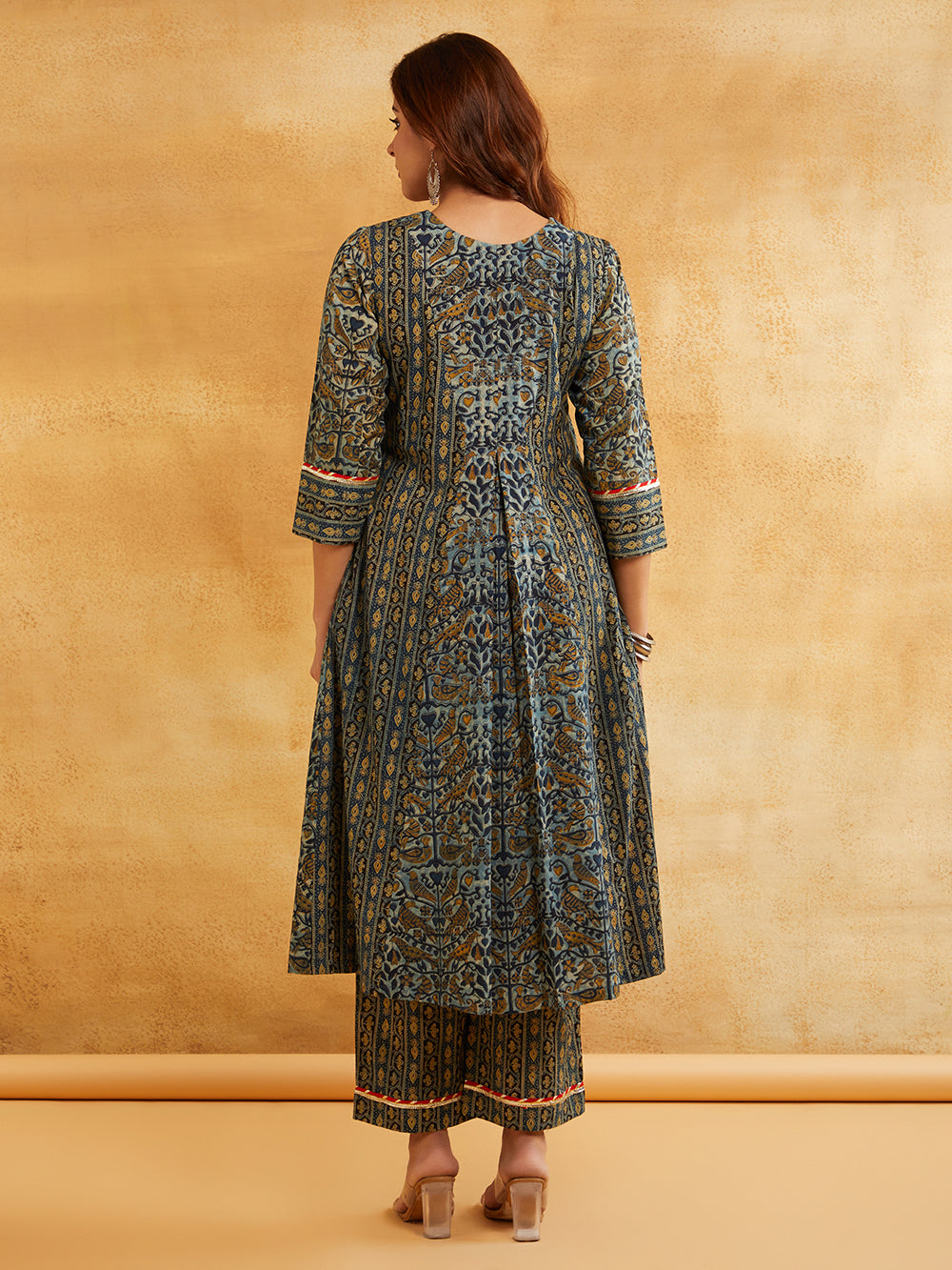 Blue Block Printed A-Line Embellished Kurta with Pants - Indo-western kurta set Sanyogini
