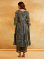 Blue Block Printed A-Line Embellished Kurta with Pants - Indo-western kurta set Sanyogini