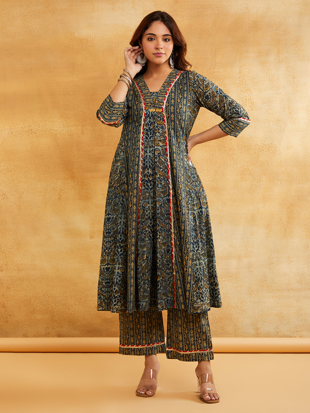 Blue Block Printed A-Line Embellished Kurta with Pants - Indo-western kurta set Sanyogini