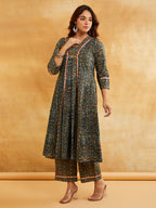 Blue Block Printed A-Line Embellished Kurta with Pants - Indo-western kurta set Sanyogini