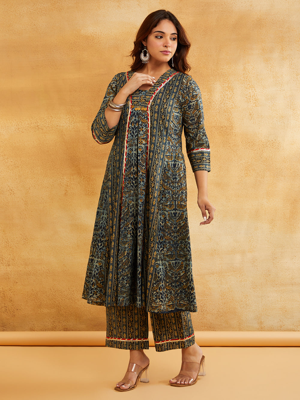 Blue Block Printed A-Line Embellished Kurta with Pants - Indo-western kurta set Sanyogini