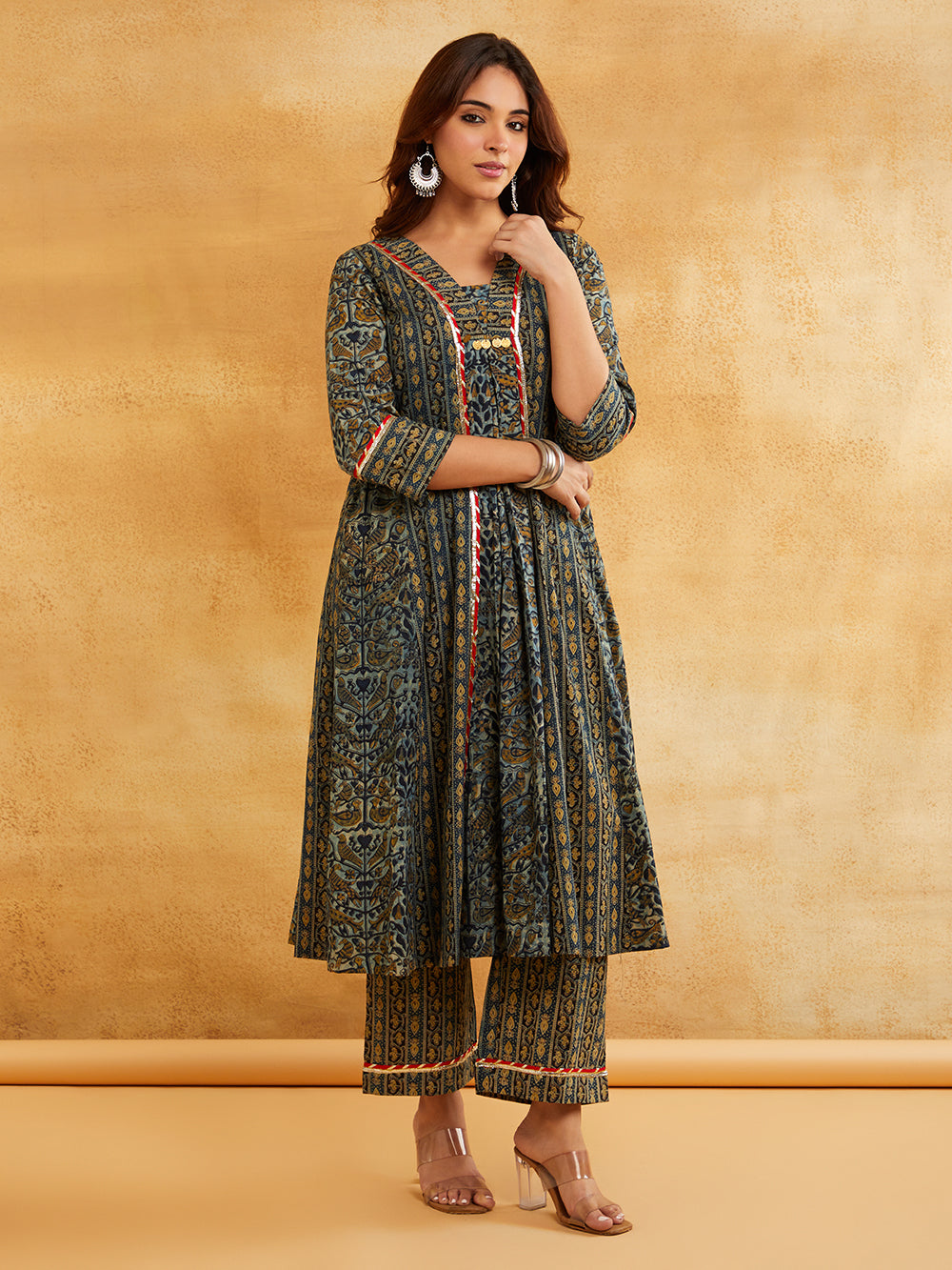 Blue Block Printed A-Line Embellished Kurta with Pants - Indo-western kurta set Sanyogini