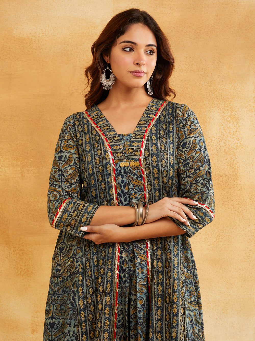 Blue Block Printed A-Line Embellished Kurta || Casual ethnic wear for women Sanyogini